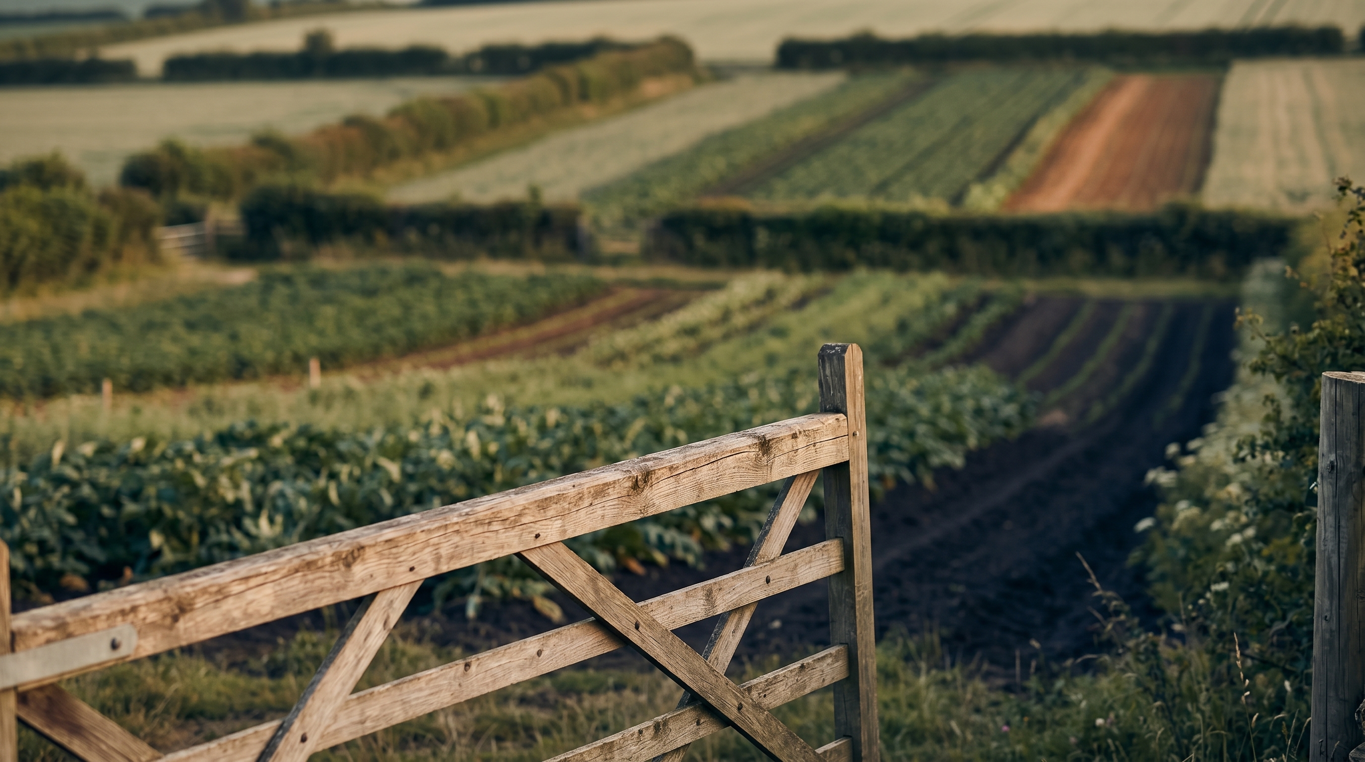A wooden gate opening onto rows of crops on a working farm